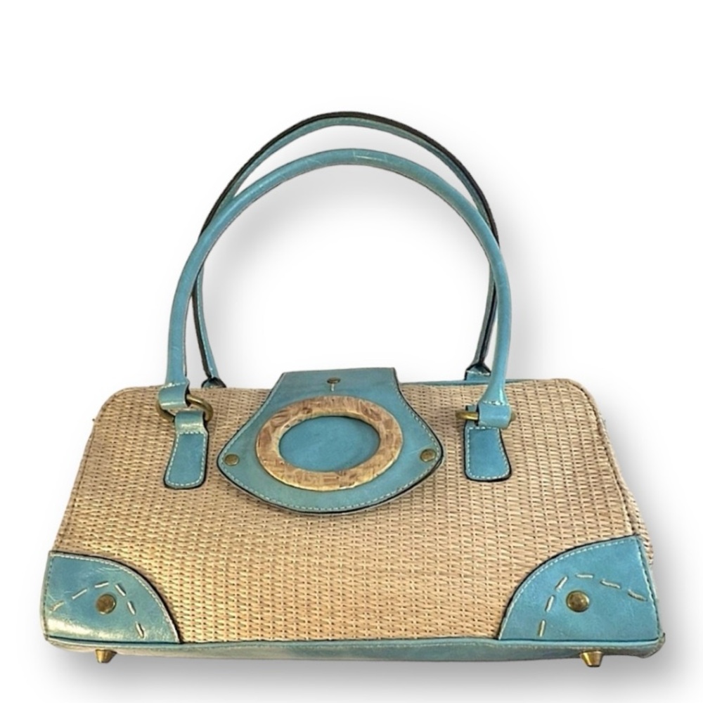 VINTAGE 70s Faux Straw and Aqua Satchel - Picture 11 of 14